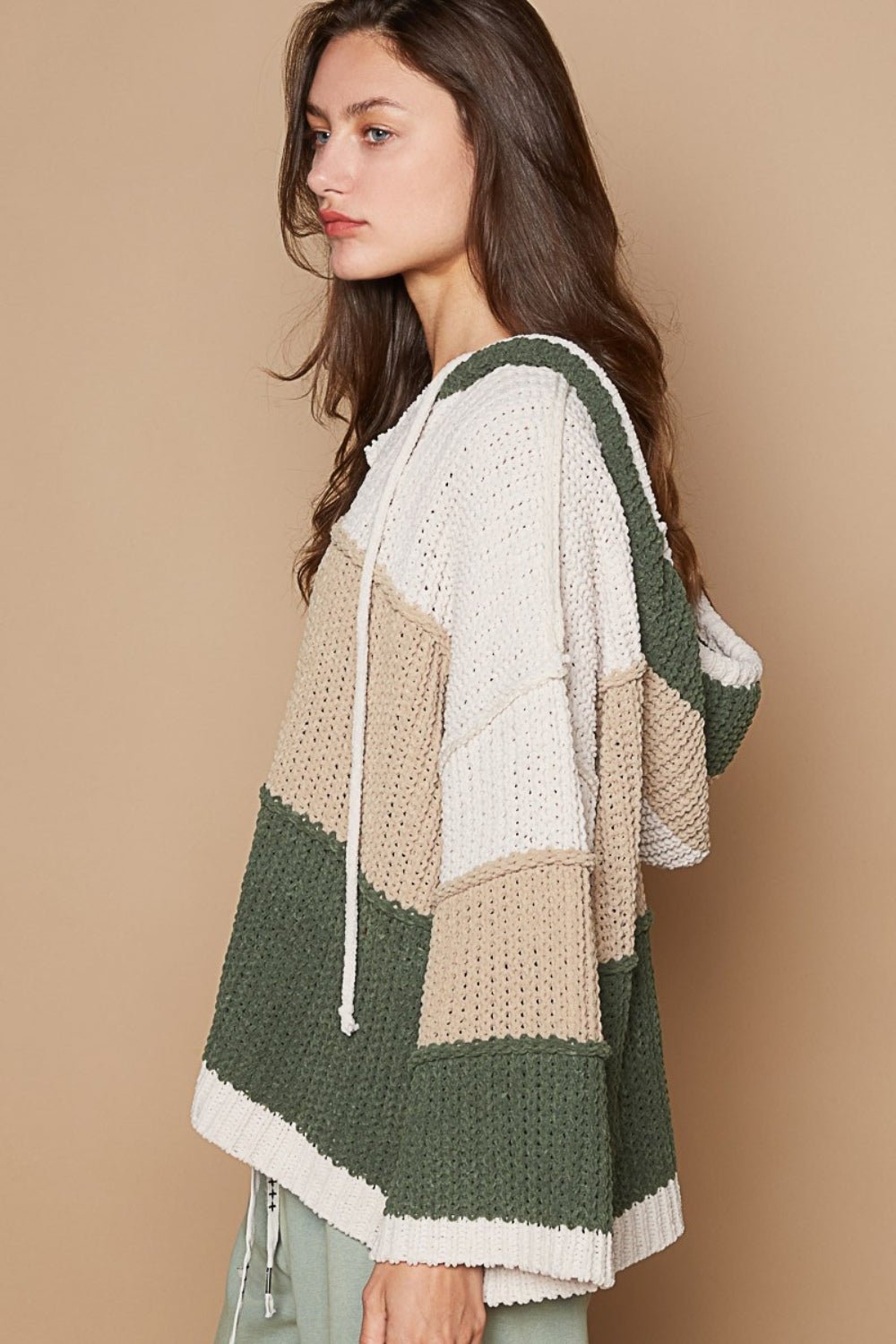 POL - Color Block Long Sleeve Hooded Sweater in Almond Green