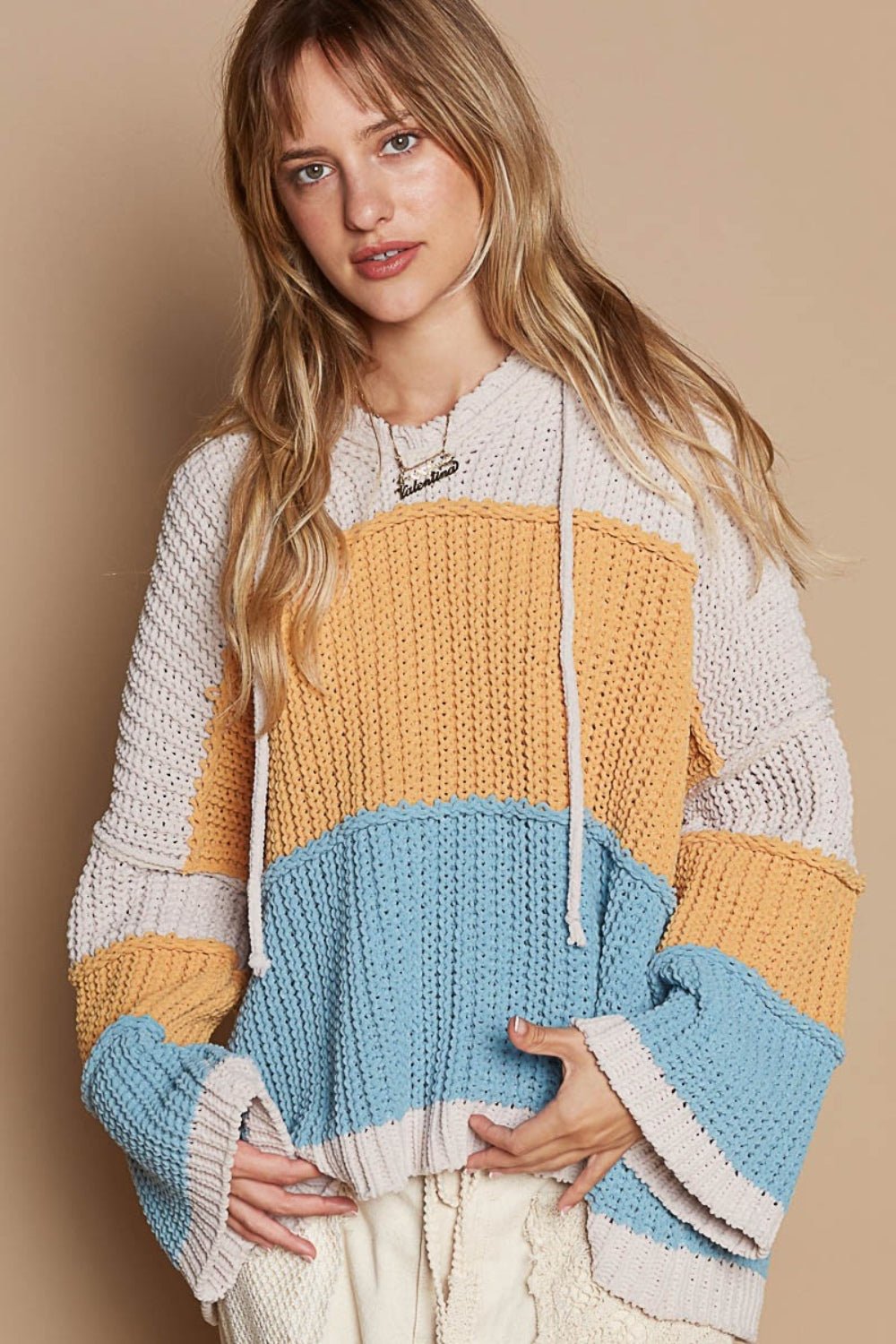 POL - Color Block Long Sleeve Hooded Sweater in Blue Mustard