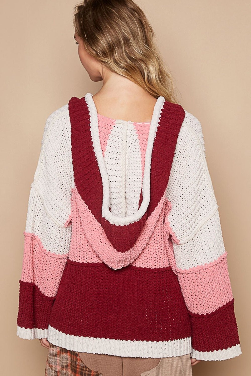 POL - Color Block Long Sleeve Hooded Sweater in Pink Burgundy