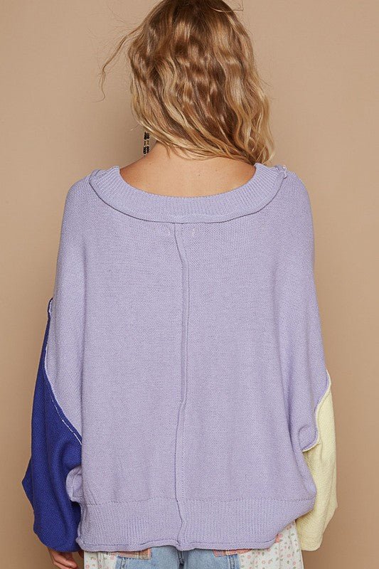 POL - Color Block V - Neck Sweater in Lavender