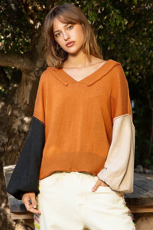 POL - Color Block V - Neck Sweater in Pumpkin