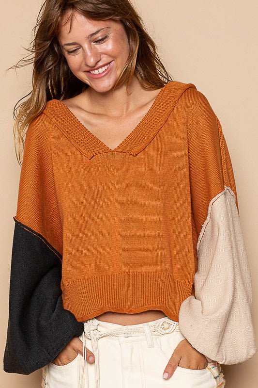 POL - Color Block V - Neck Sweater in Pumpkin