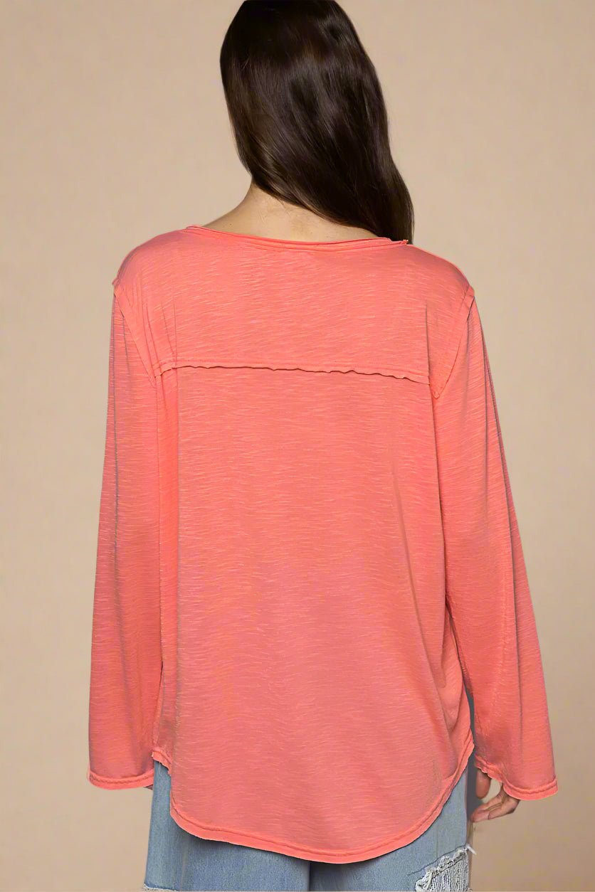 POL - Coral Long Sleeve Scoop Neck Pocket Tee