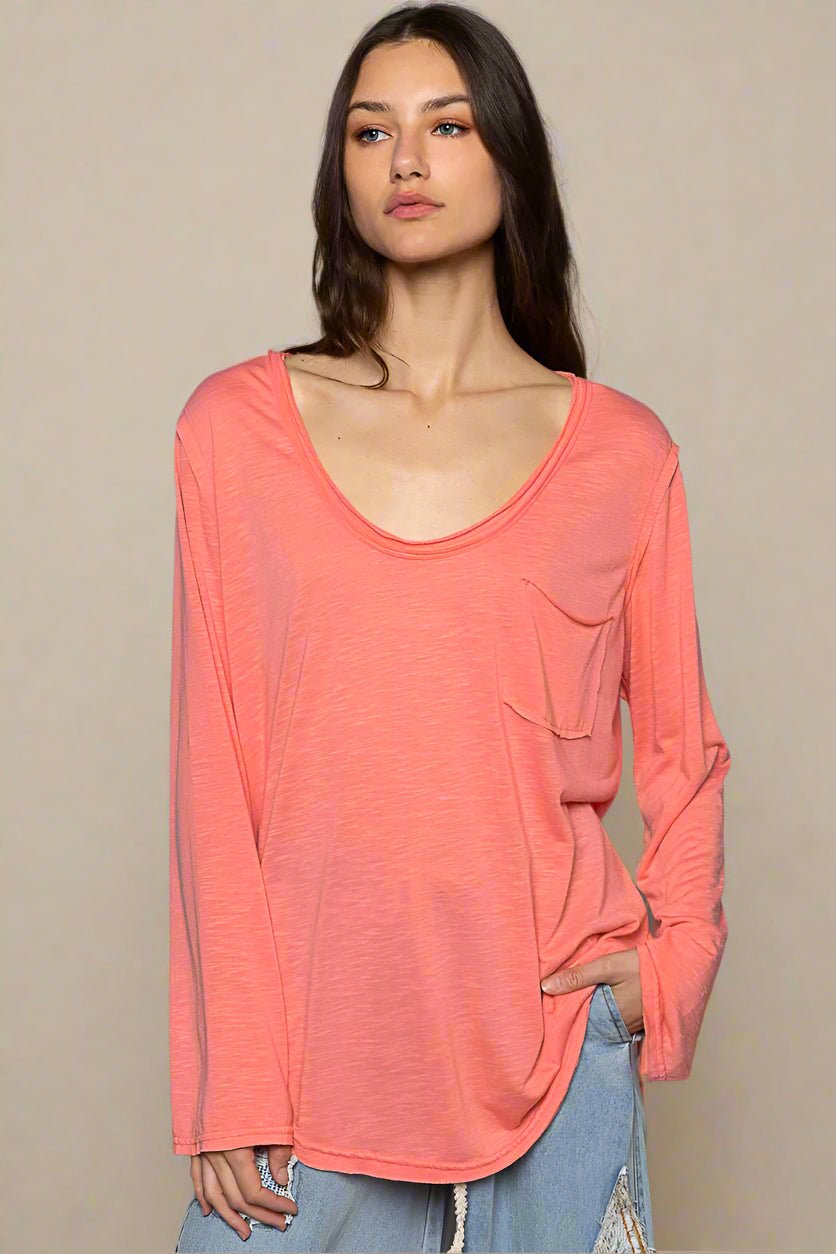 POL - Coral Long Sleeve Scoop Neck Pocket Tee