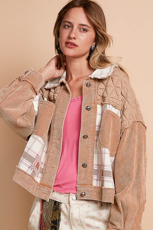 POL - Corduroy Patchwork Button Up Jacket in Khaki