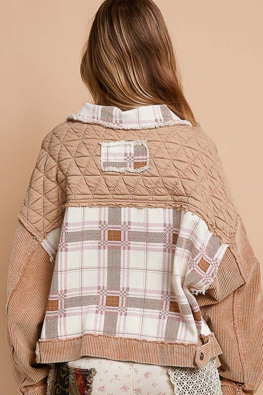 POL - Corduroy Patchwork Button Up Jacket in Khaki