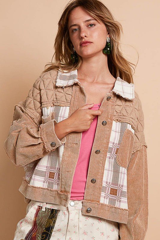 POL - Corduroy Patchwork Button Up Jacket in Khaki