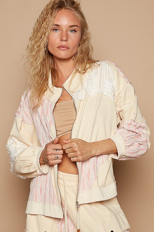 POL - Cream Beige Patchwork Lace Zip Up Jacket