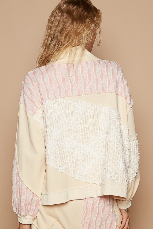 POL - Cream Beige Patchwork Lace Zip Up Jacket