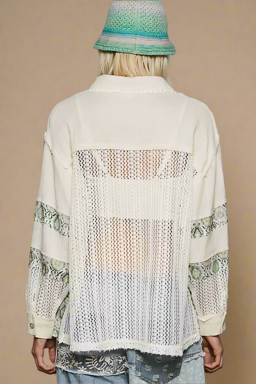 POL - Cream & Sage Patchwork Lace Button Down Shirt