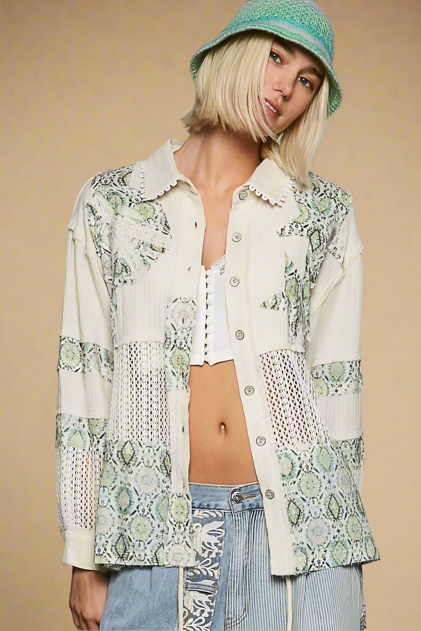 POL - Cream & Sage Patchwork Lace Button Down Shirt