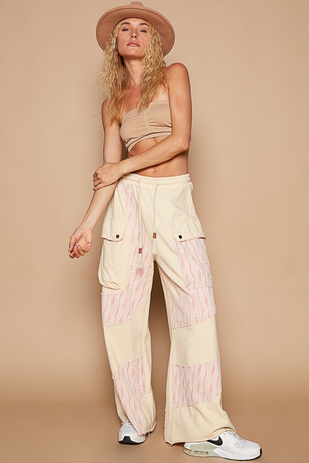 POL - Crochet Contrast Wide Leg Pants in Cream Beige