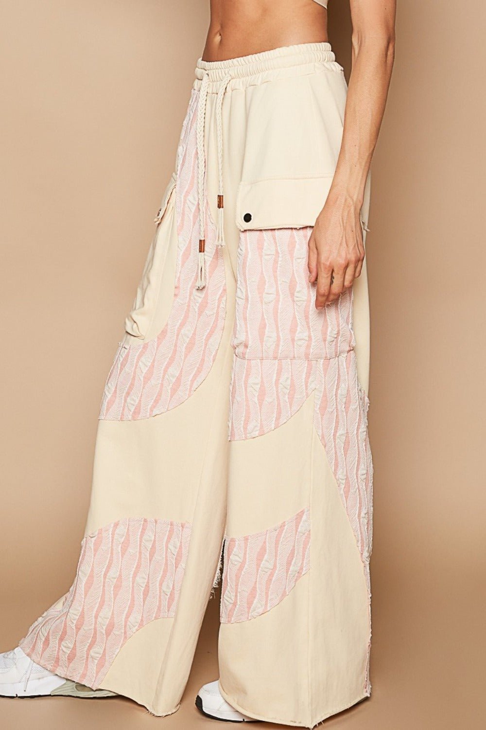 POL - Crochet Contrast Wide Leg Pants in Cream Beige