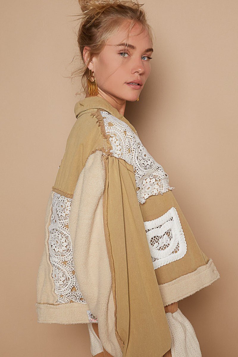 POL - Crochet Patchwork Button Up Jacket in Sand Olive