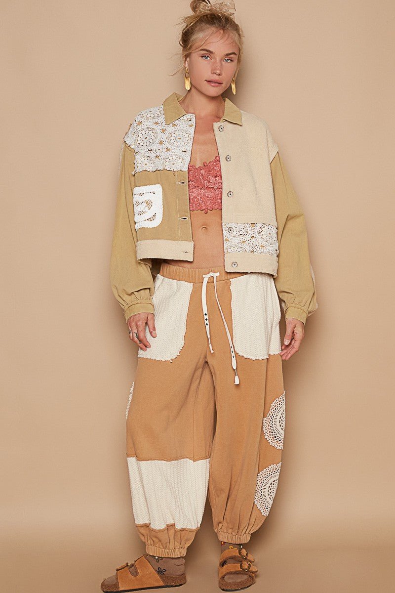 POL - Crochet Patchwork Button Up Jacket in Sand Olive