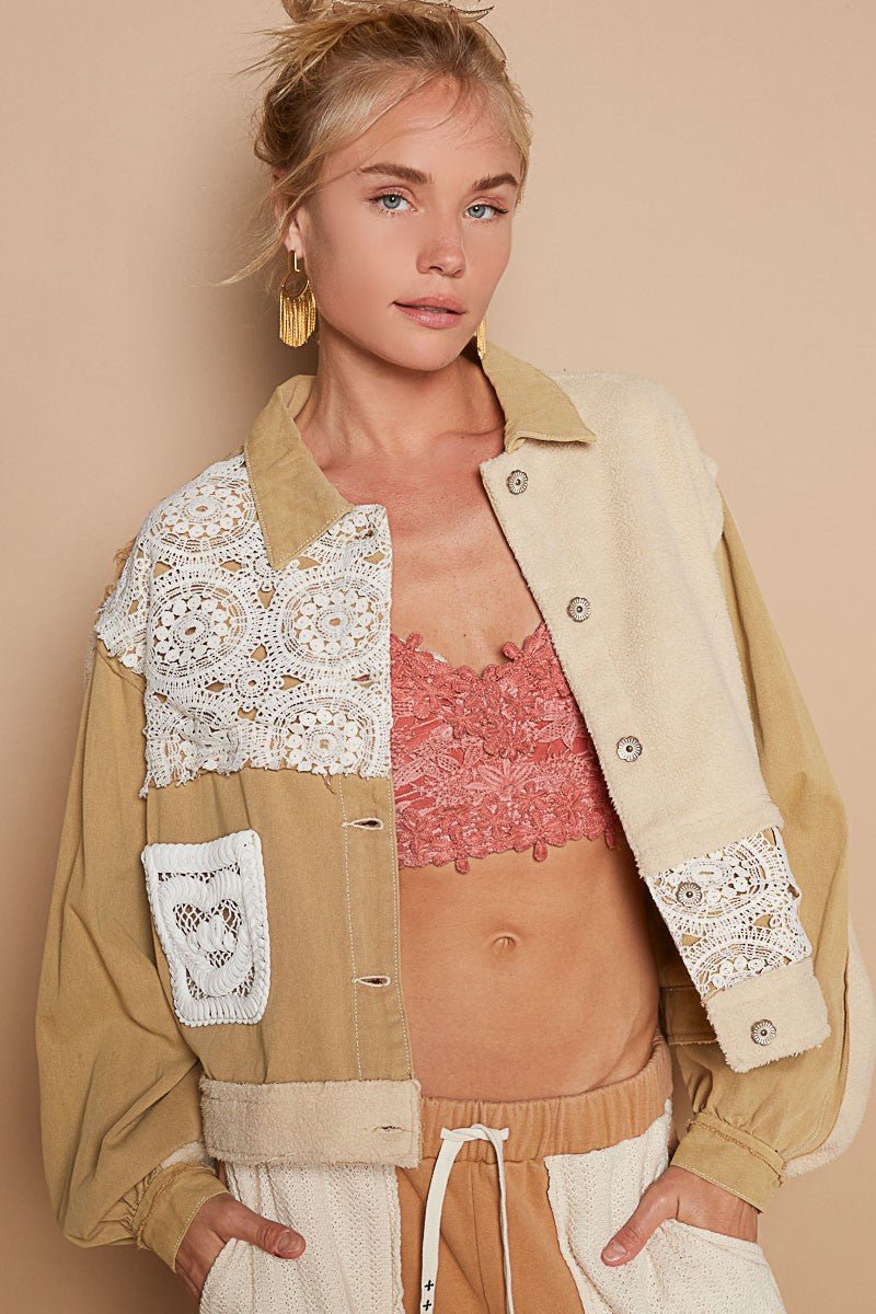 POL - Crochet Patchwork Button Up Jacket in Sand Olive