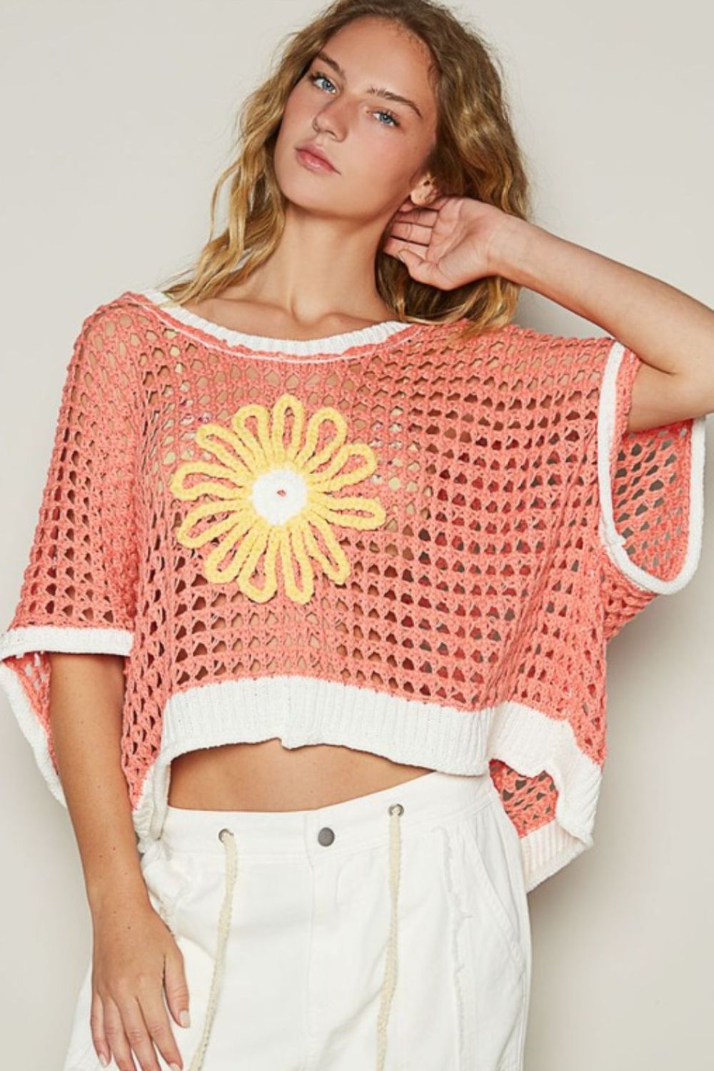 POL - Crocheted Flower Half Sleeve Knit Cover Up in Coral