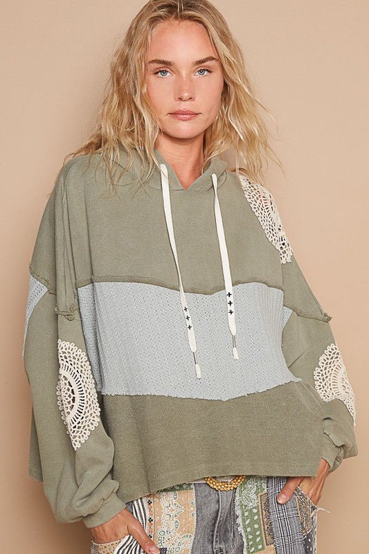 POL - Crocheted Lace Detail Hoodie in Sage