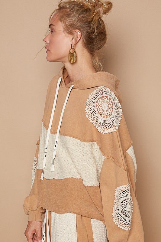 POL - Crocheted Lace Detail Hoodie in Wheat