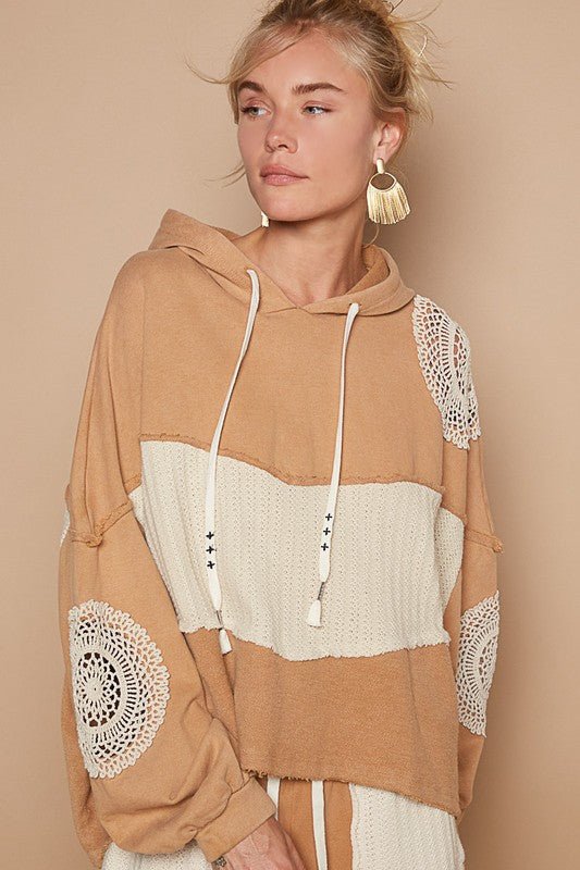 POL - Crocheted Lace Detail Hoodie in Wheat