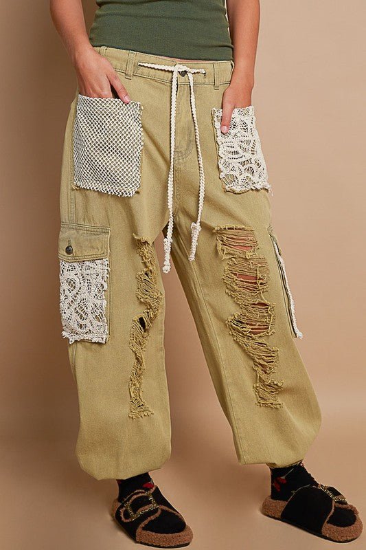 POL - Crocheted Patch Distressed Jeans in Olive