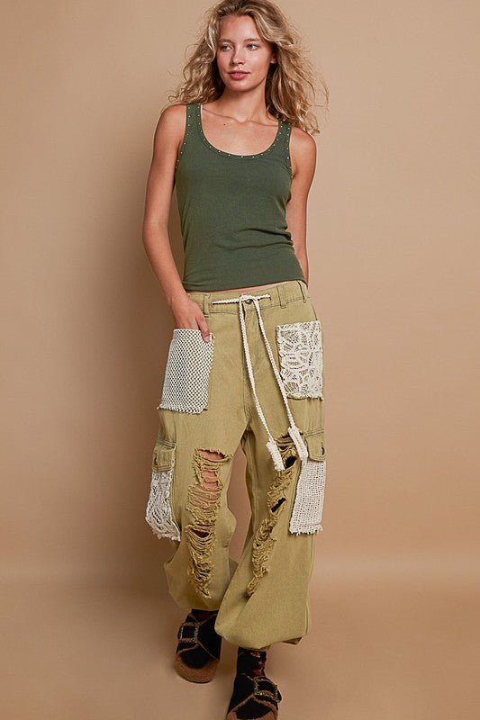 POL - Crocheted Patch Distressed Jeans in Olive