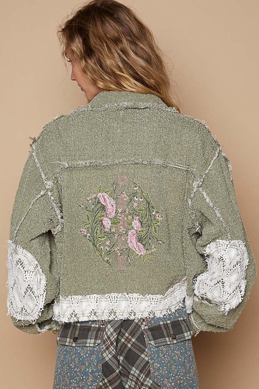 POL - Crocheted Patchwork Embroidered Button Up Jacket in Olive