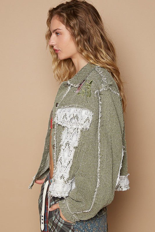 POL - Crocheted Patchwork Embroidered Button Up Jacket in Olive