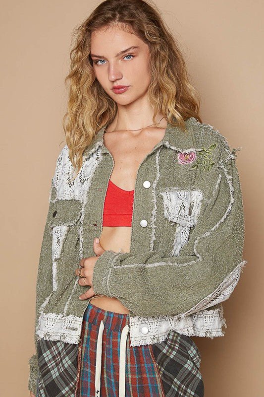 POL - Crocheted Patchwork Embroidered Button Up Jacket in Olive