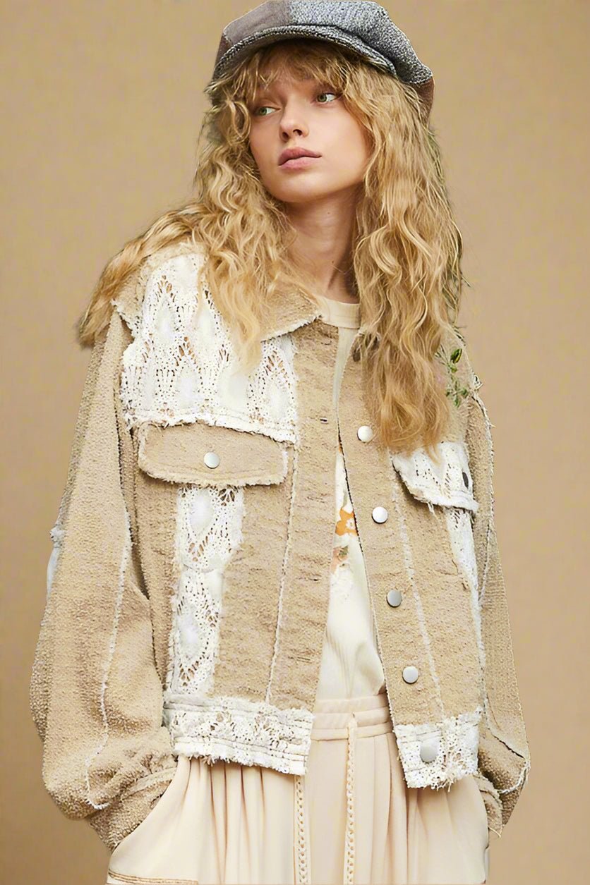 POL - Crocheted Patchwork Embroidered Button Up Jacket in Sand