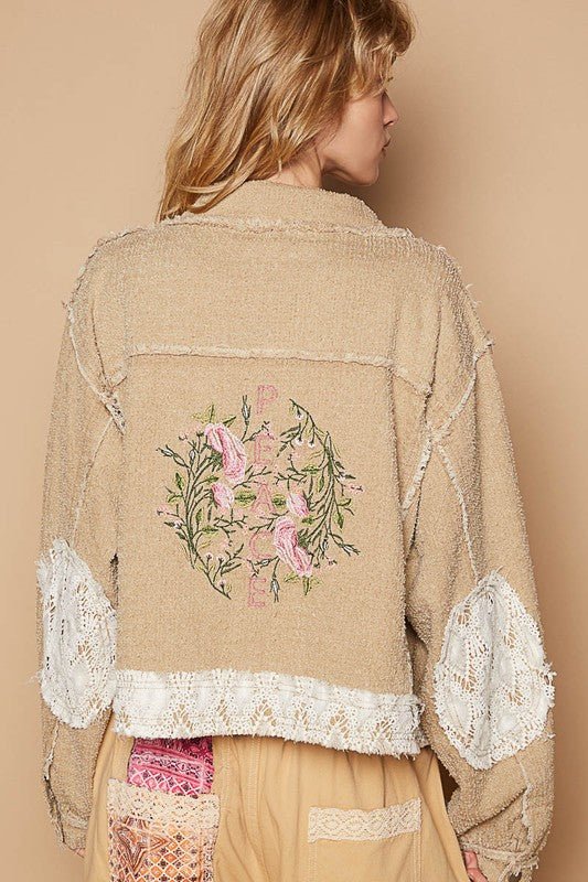 POL - Crocheted Patchwork Embroidered Button Up Jacket in Sand