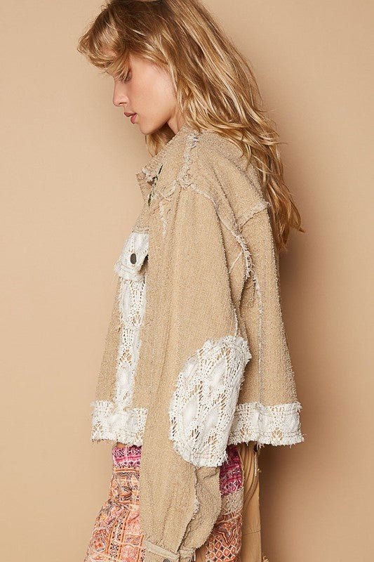 POL - Crocheted Patchwork Embroidered Button Up Jacket in Sand