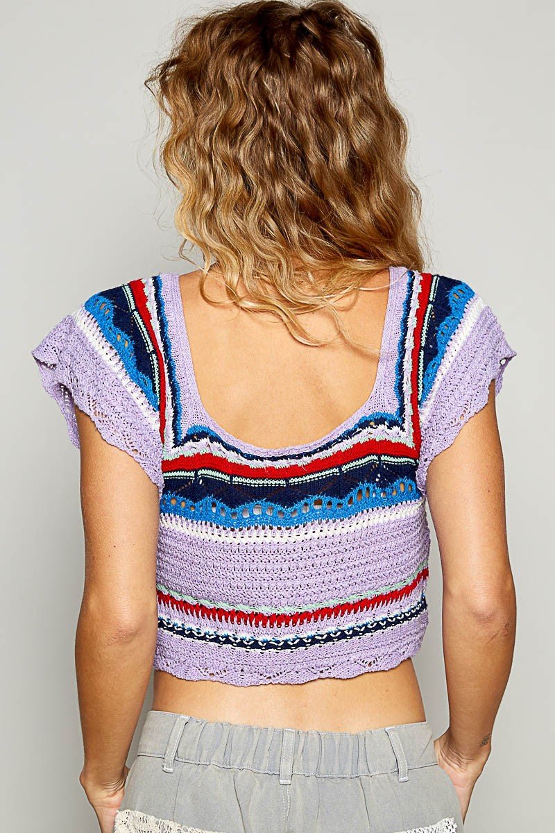 POL - Crocheted Striped Cropped Top in Lavender