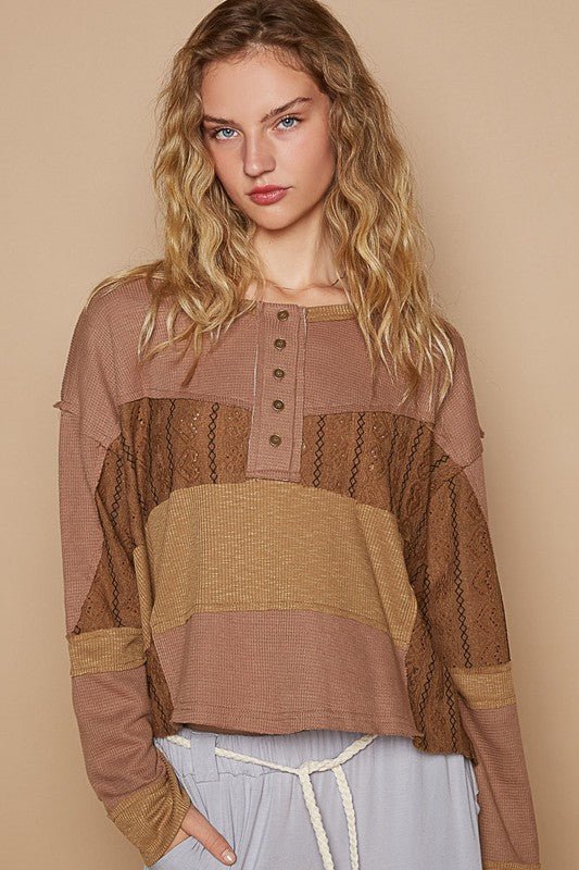 POL - Dark Brown Half Button Knit Top