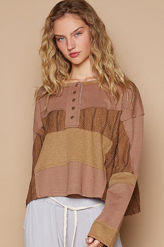 POL - Dark Brown Half Button Knit Top