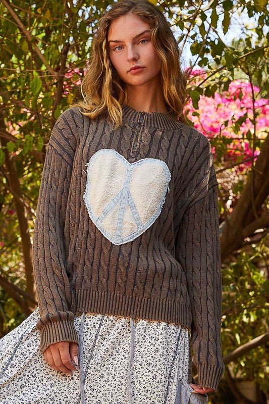 POL - Dark Gray Cable Knit Heart Peace Patch Sweater