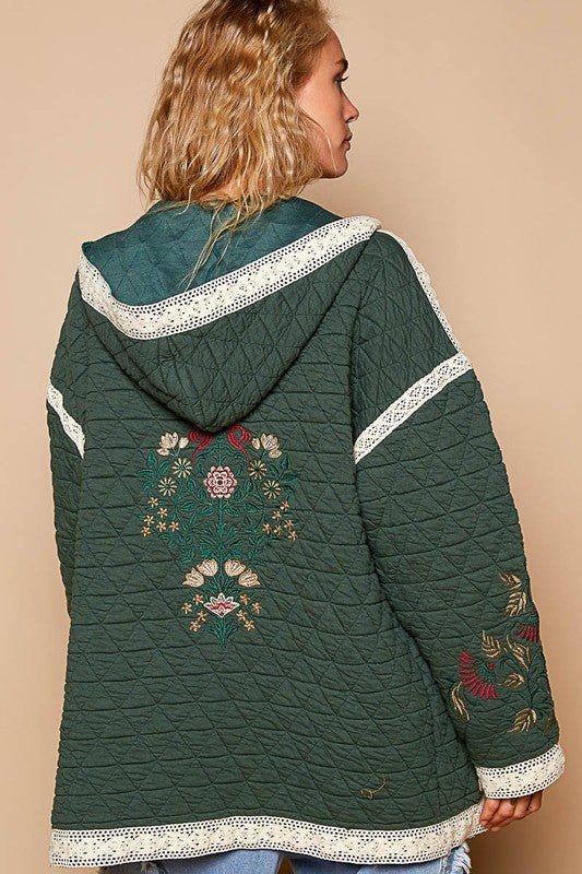 POL - Dark Green Embroidered Open Front Quilted Jacket