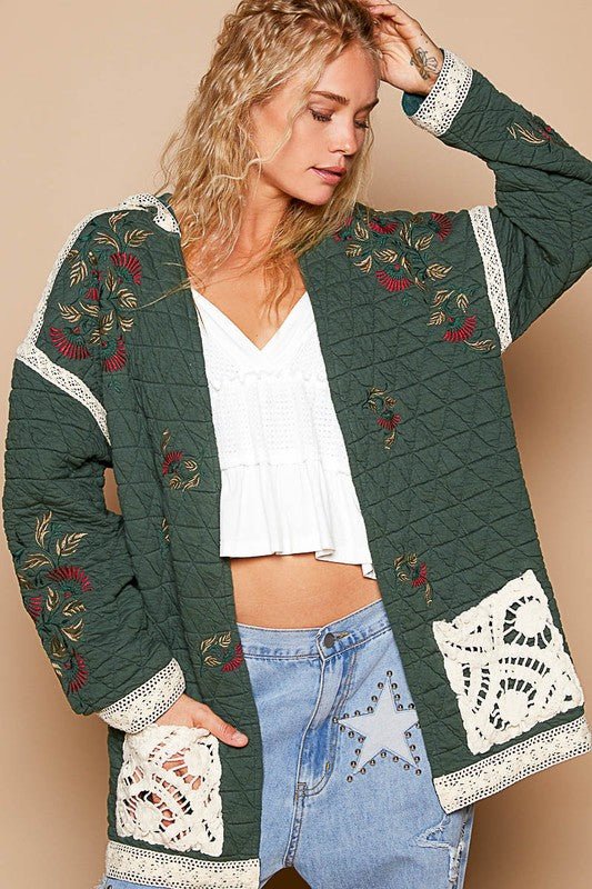 POL - Dark Green Embroidered Open Front Quilted Jacket