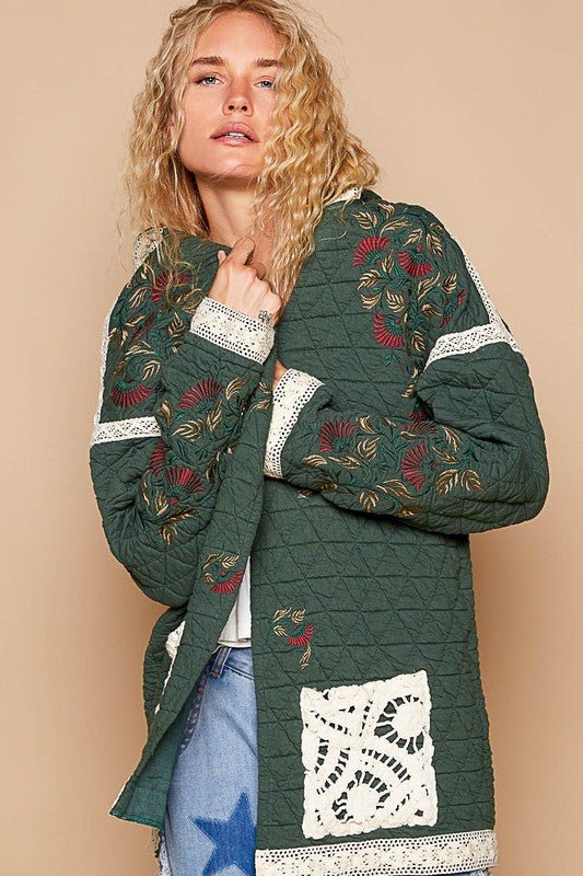 POL - Dark Green Embroidered Open Front Quilted Jacket