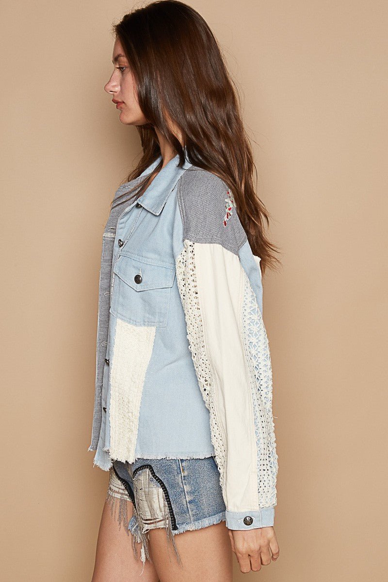 POL - Denim Blue Crochet Embroidered Shacket