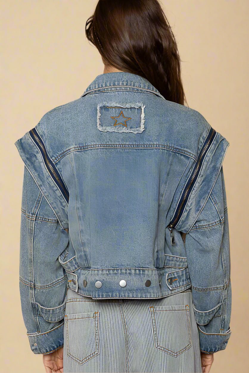 POL - Denim Blue Cropped Moto Jacket