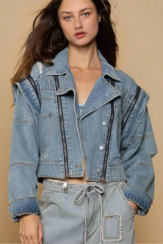 POL - Denim Blue Cropped Moto Jacket