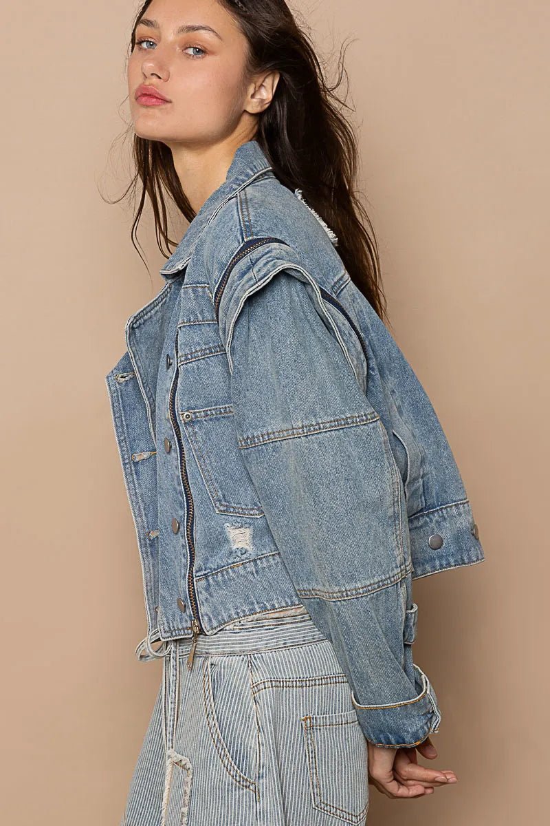 POL - Denim Blue Cropped Moto Jacket