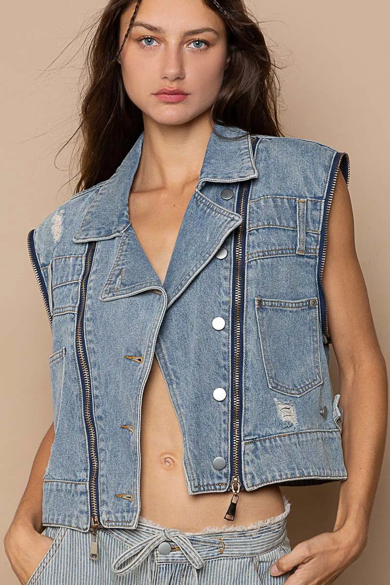POL - Denim Blue Cropped Moto Jacket
