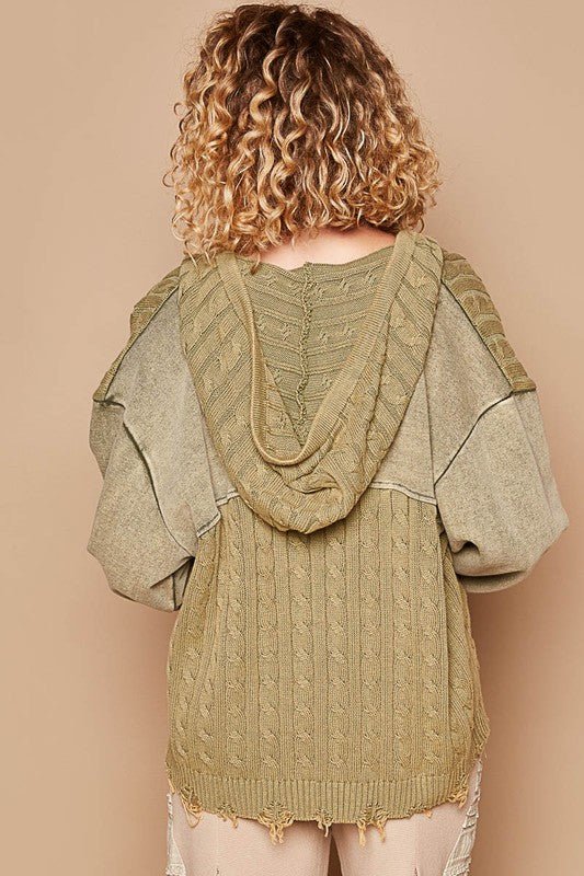 POL - Distressed Hem Button Up Hooded Cardigan in Olive