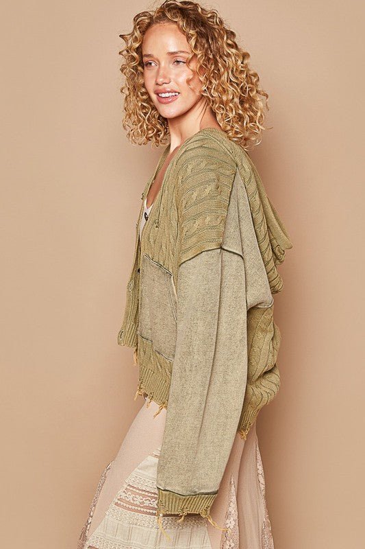 POL - Distressed Hem Button Up Hooded Cardigan in Olive