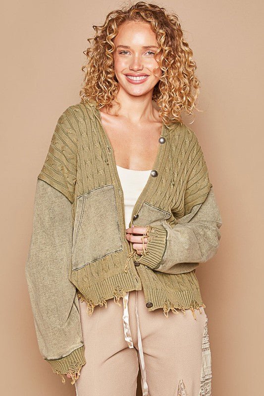 POL - Distressed Hem Button Up Hooded Cardigan in Olive