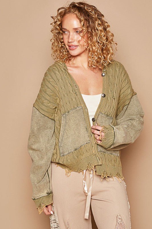 POL - Distressed Hem Button Up Hooded Cardigan in Olive