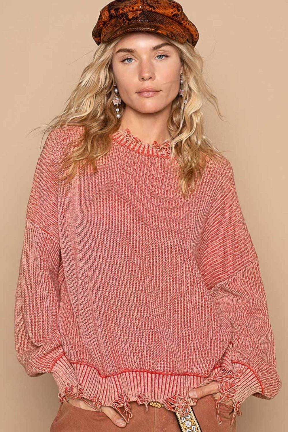 POL - Distressed Vintage Wash Drop Shoulder Sweater in Red Brick