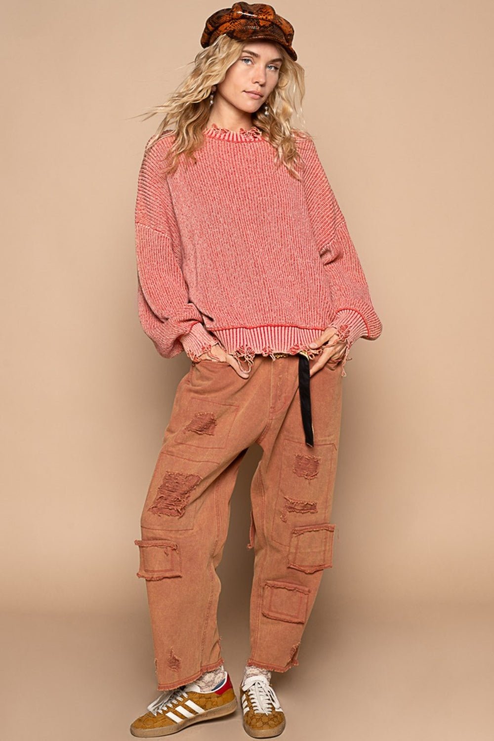 POL - Distressed Vintage Wash Drop Shoulder Sweater in Red Brick